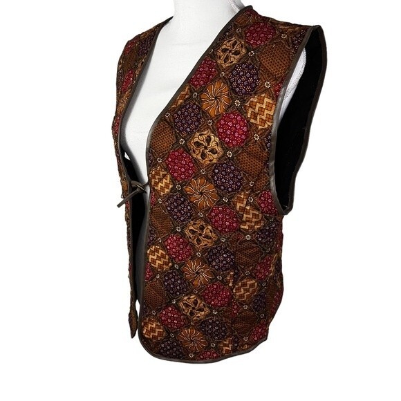 Vintage Cache Beaded Vest Medium Faux Leather Trim Ties Earth Tones Retro - Picture 4 of 13